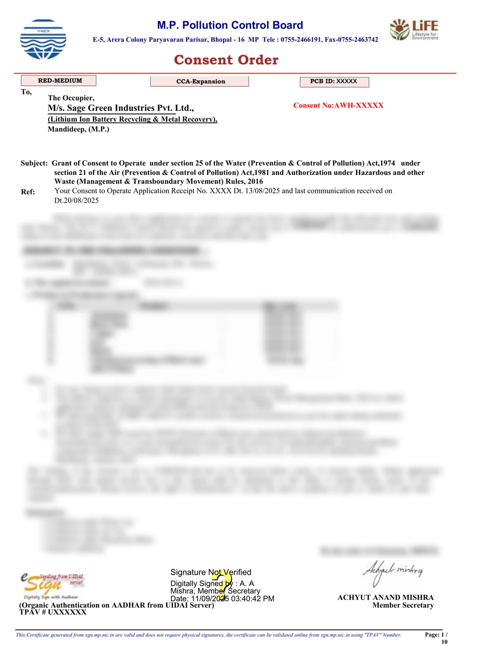 Hazardous Waste Authorization certificate