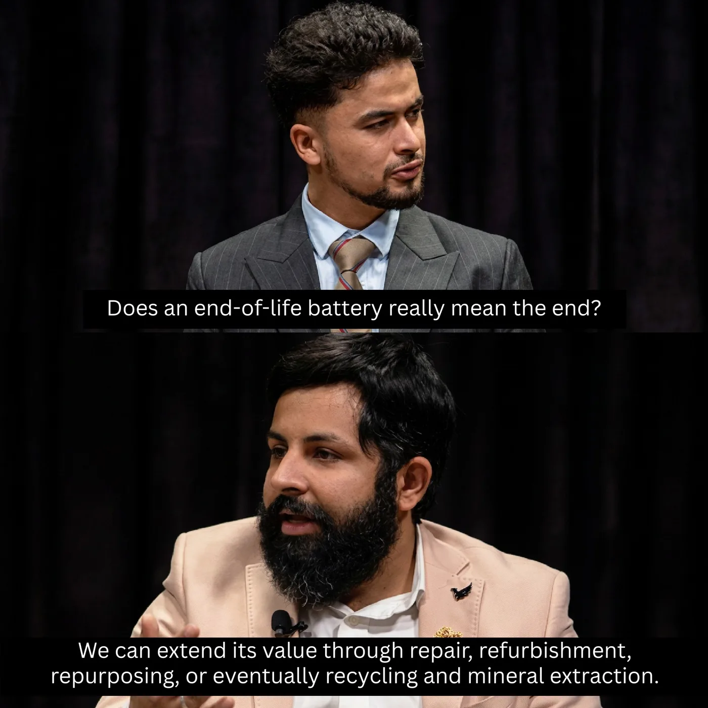 Karan Khurana being interviewed on stage in a panel discussion on EVs and battery recycling.